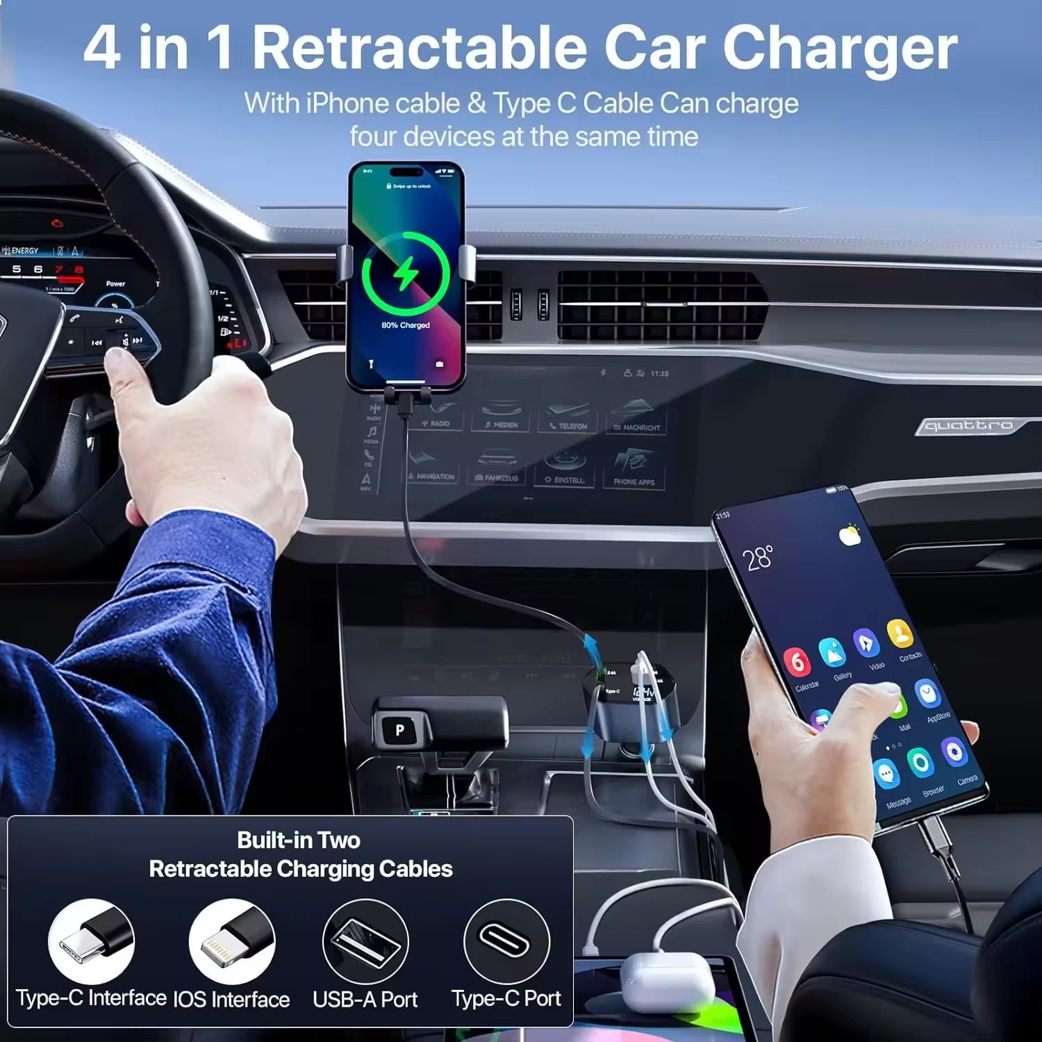 Fast Charging Car Phone Station Charger 4 in 1 LED Digital Display Retractable 2 Cables Type C PD Quick Adapter for Iphone 16