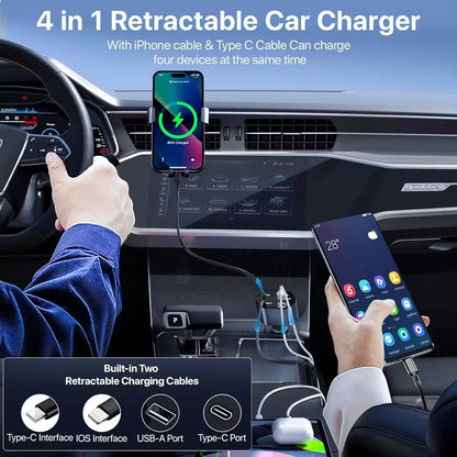 Fast Charging Car Phone Station Charger 4 in 1 LED Digital Display Retractable 2 Cables Type C PD Quick Adapter for Iphone 16