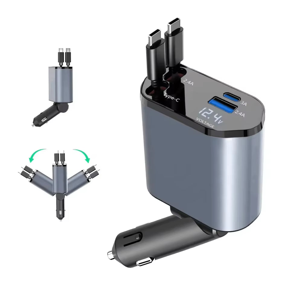 Fast Charging Car Phone Station Charger 4 in 1 LED Digital Display Retractable 2 Cables Type C PD Quick Adapter for Iphone 16
