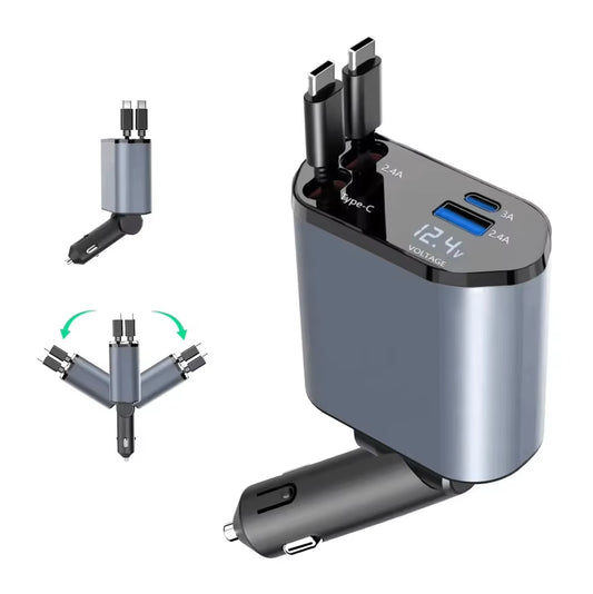 Fast Charging Car Phone Station Charger 4 in 1 LED Digital Display Retractable 2 Cables Type C PD Quick Adapter for Iphone 16