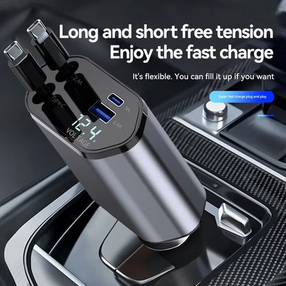 Fast Charging Car Phone Station Charger 4 in 1 LED Digital Display Retractable 2 Cables Type C PD Quick Adapter for Iphone 16