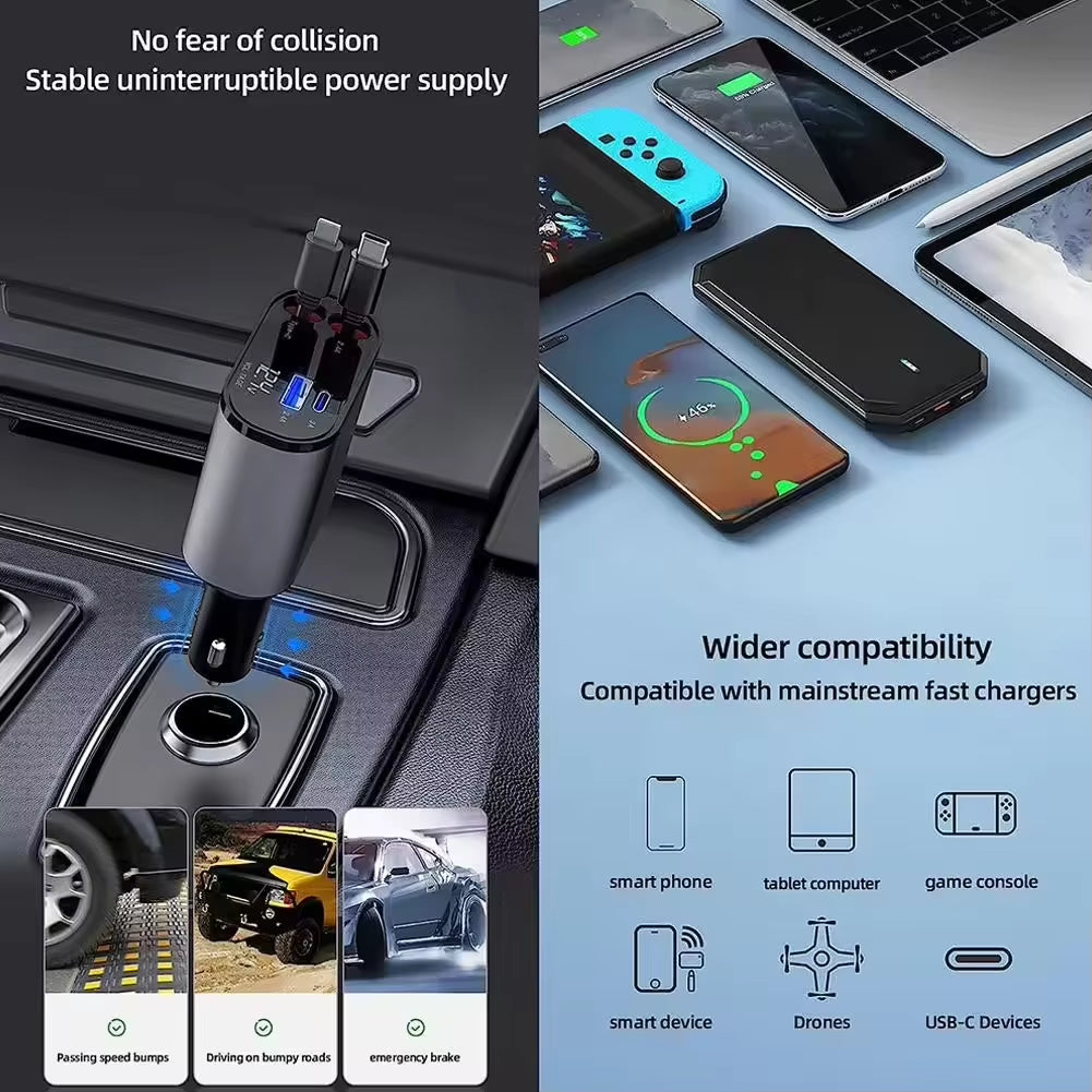Fast Charging Car Phone Station Charger 4 in 1 LED Digital Display Retractable 2 Cables Type C PD Quick Adapter for Iphone 16